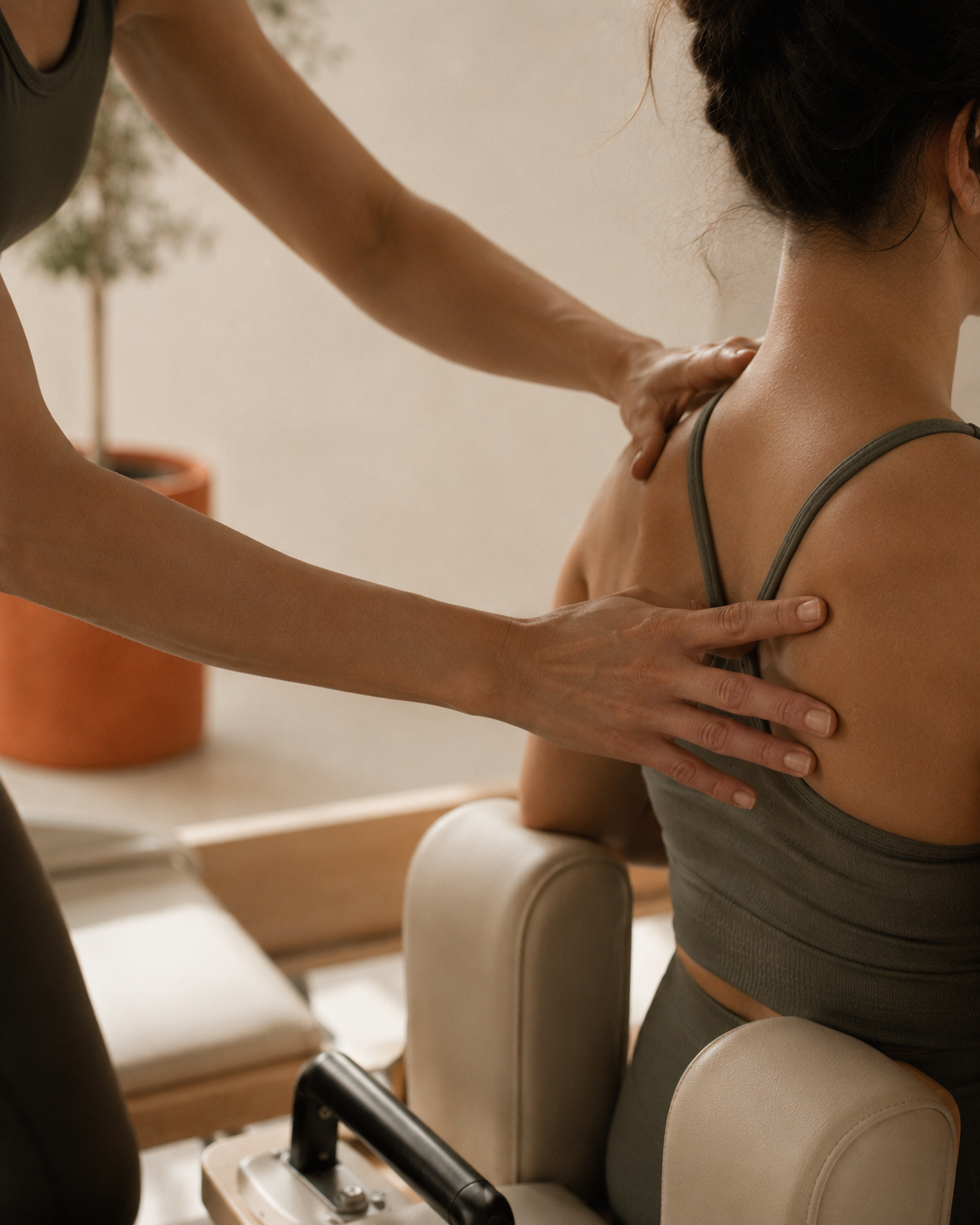 Close detail of precise hands-on guidance during a reformer session